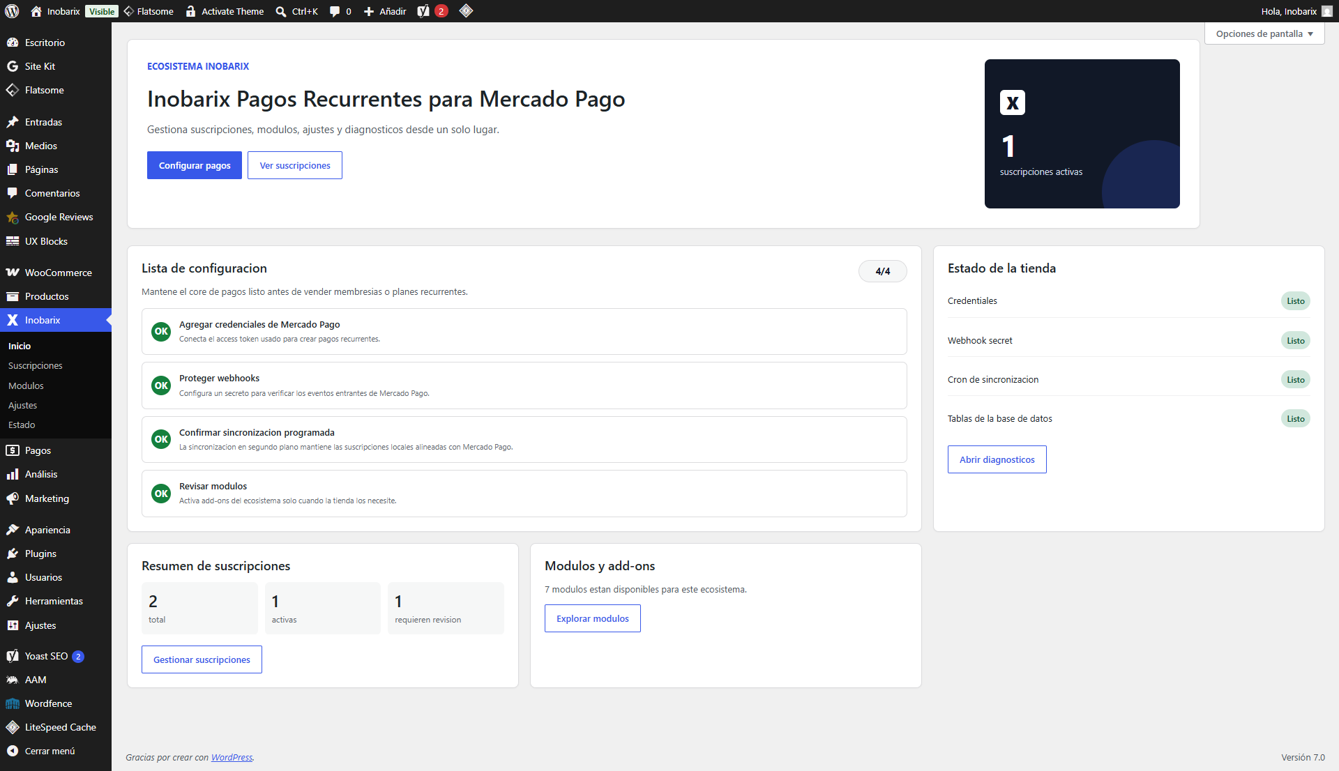 Panel de Inobarix Pagos Recurrentes en el escritorio de WordPress