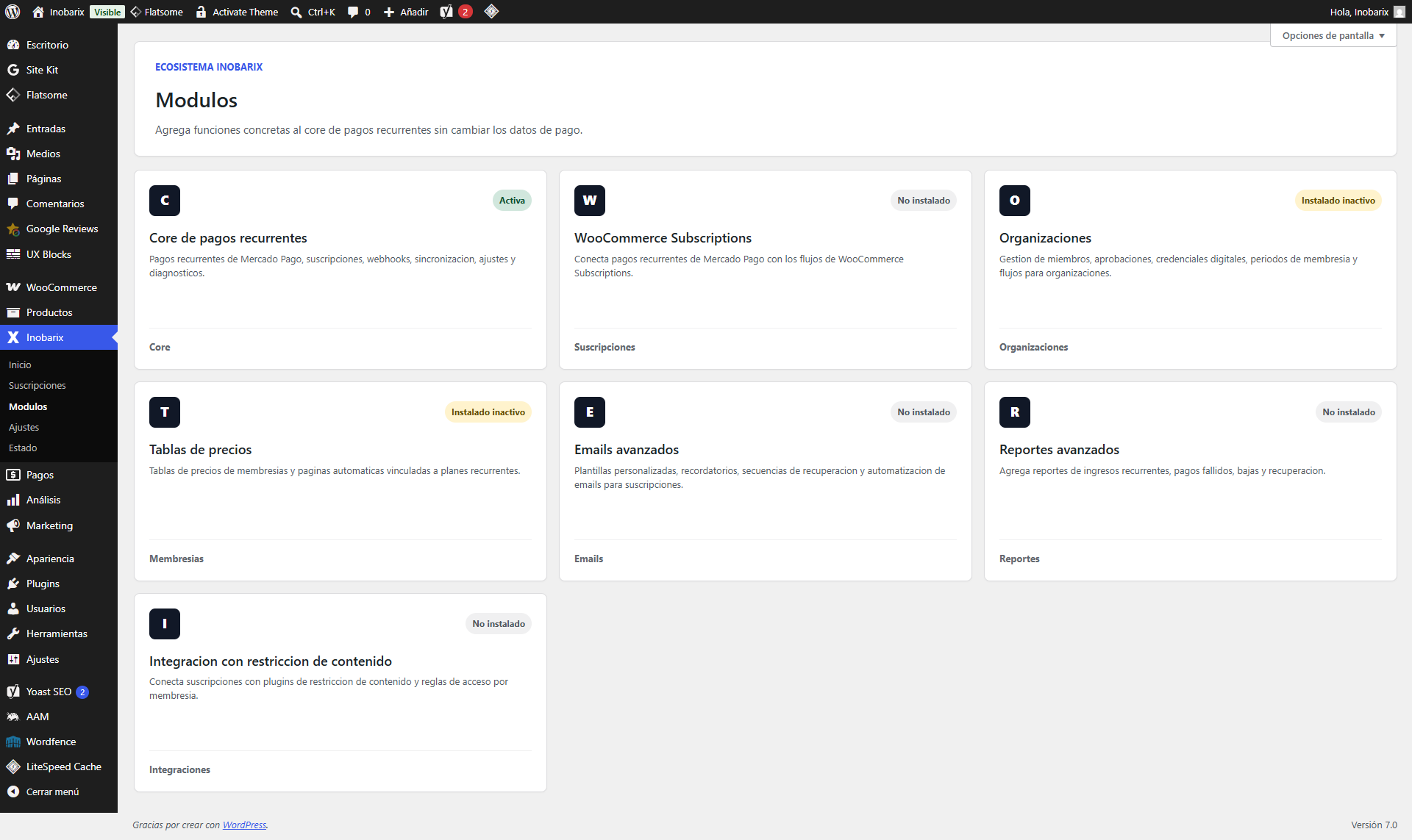 Pantalla de Módulos y add-ons del plugin Inobarix