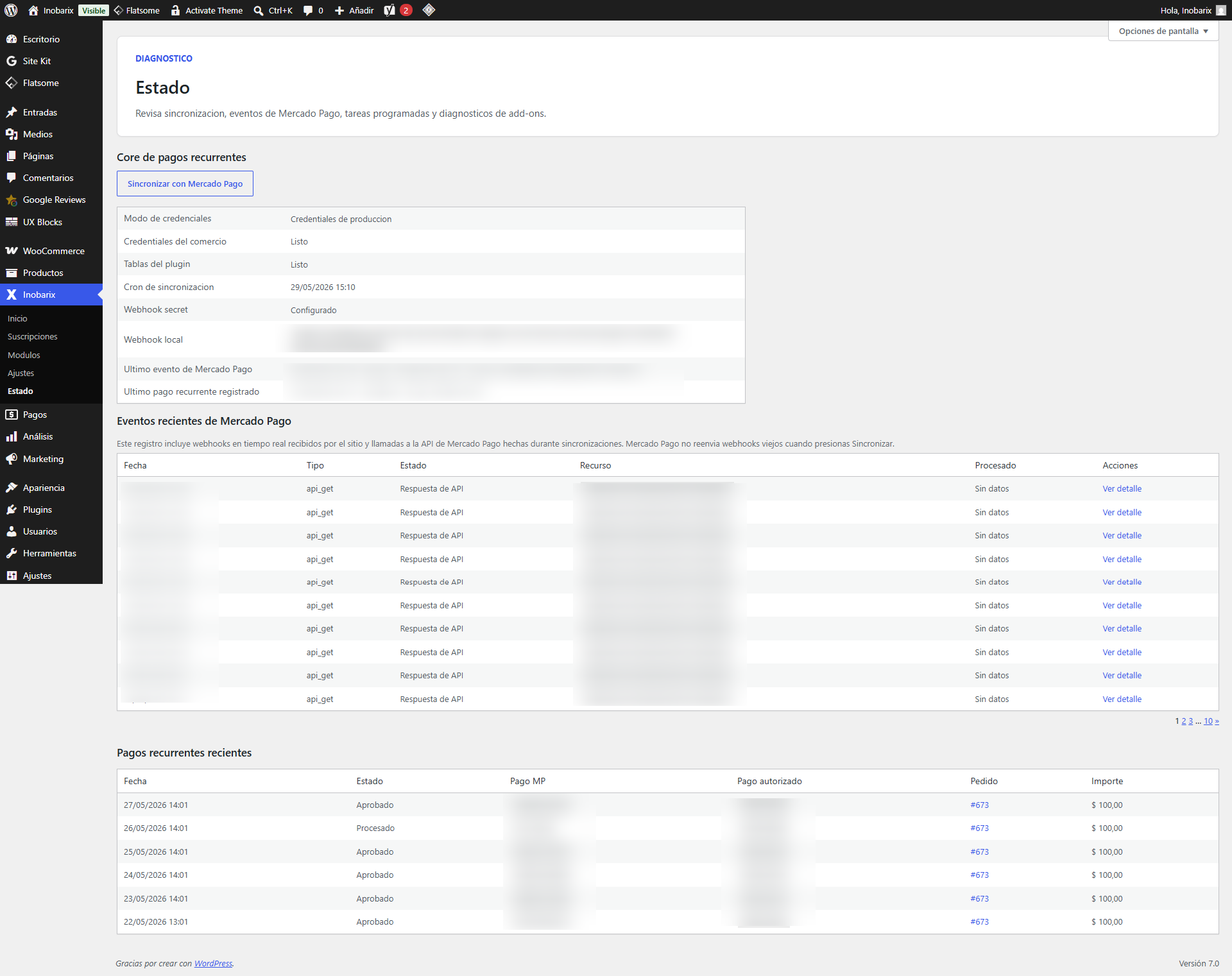 Pantalla de Estado y diagnóstico del plugin Inobarix